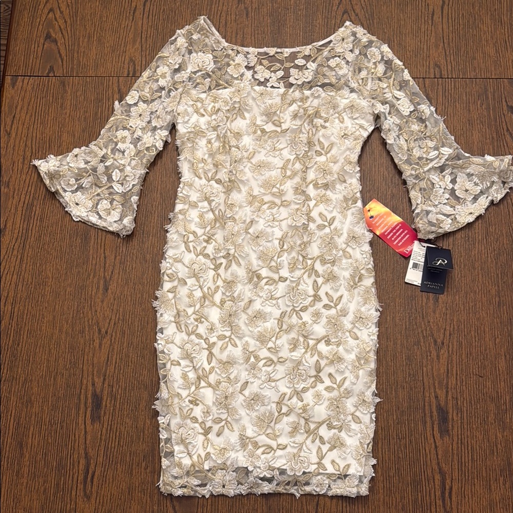 NWT Adrianna Papell Cream and Tan Sheath Dress with Bell Sleeves